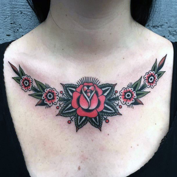 Womens Rose Neck Piece Traditional Tattoo