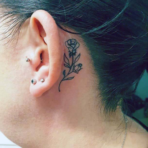 Womens Rose Tattoo Behind The Ear