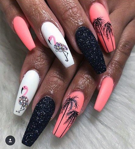 Womens Sandy Black And Peach Pink Flaming Nails