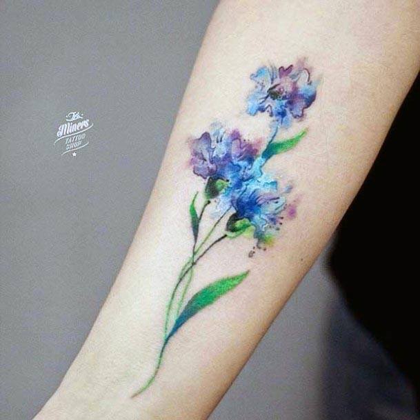 Womens Sapphire Blue Watercolor Blossom Tattoo Forearms