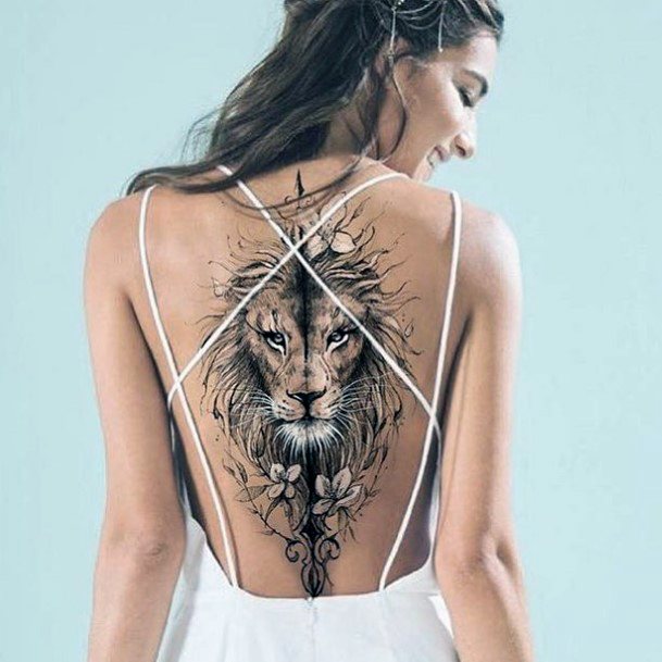 Womens Savage Lion Tattoo On Back
