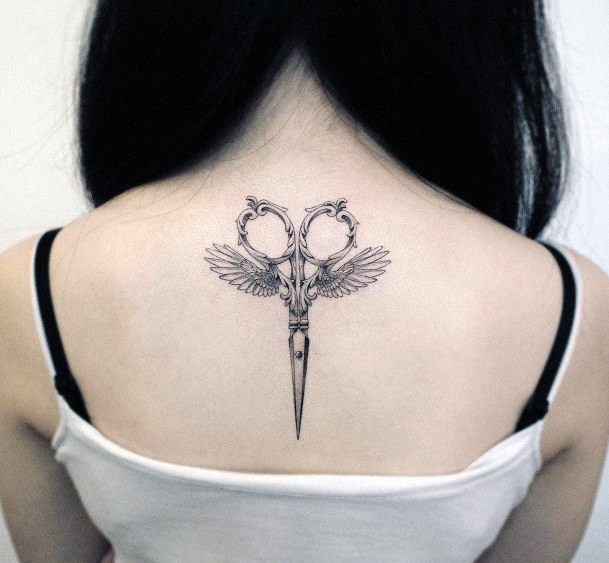 Womens Scissor With Angel Wings Tattoo On Back