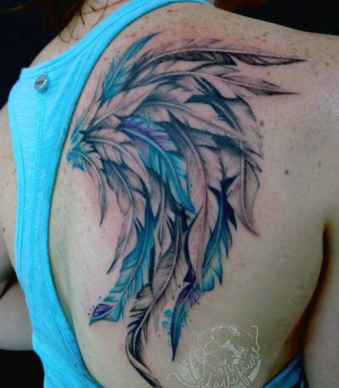 Womens Sea Blue Shaded Angel Wings Tattoo Back