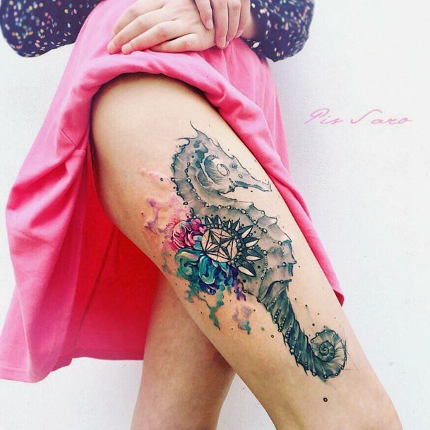 Womens Sea Horse Tattoo Legs