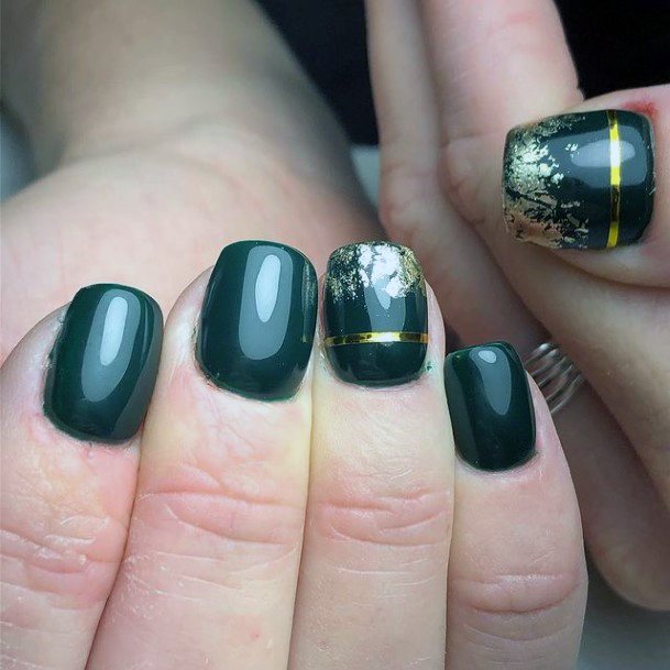 Womens Short Liquid Green Nails With Golden Ribbon