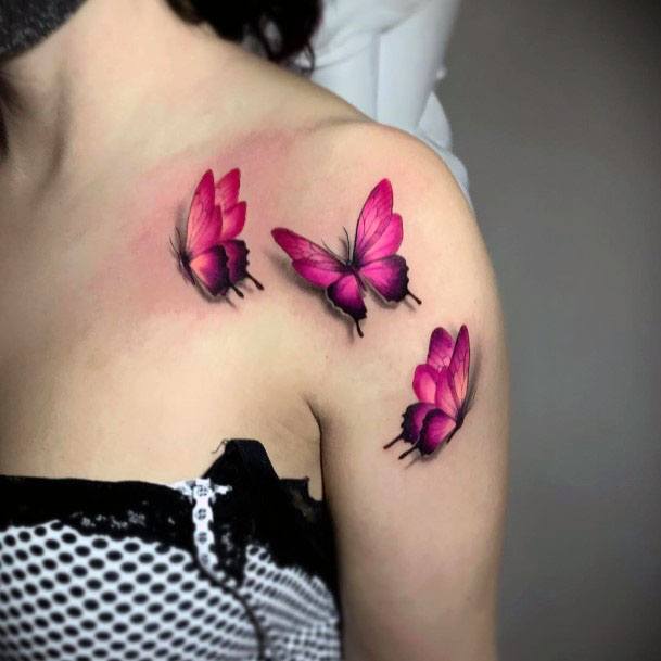 Womens Shoulder 3D Pink Butterfly Tattoo