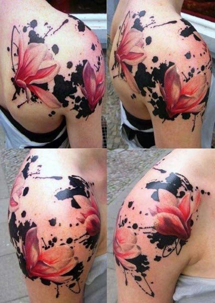 Womens Shoulder Black And Red Floral Tattoo