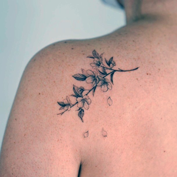 Womens Shoulder Black Cherry Blossom Tattoo