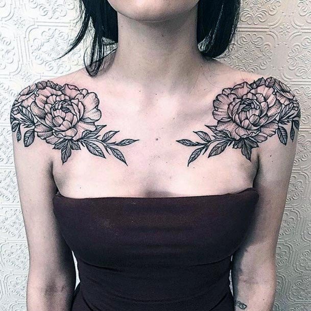 Womens Shoulder Black Flowers Tattoo