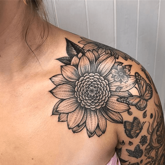 Womens Shoulder Black Sunflower Tattoo