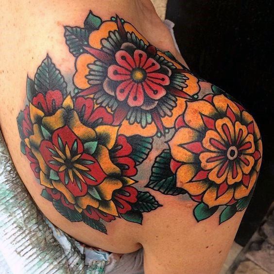 Womens Shoulder Blooms American Traditional Tattoo