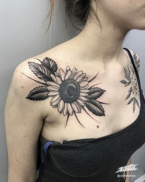 Womens Shoulder Giant Black Sunflower Tattoo