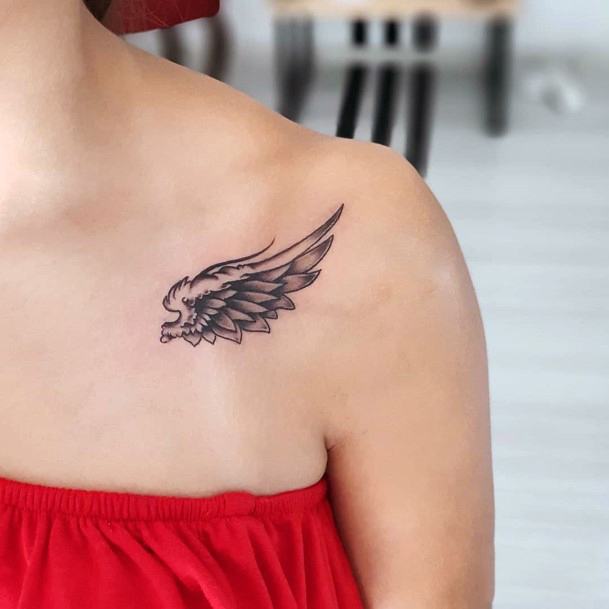 Womens Shoulder Grey Angel Wings Tattoo