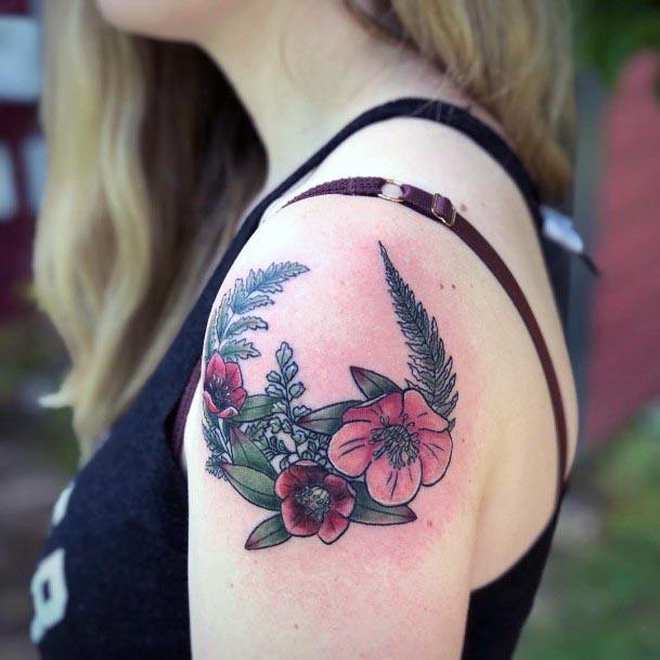 Womens Shoulder Red Flower Tattoo
