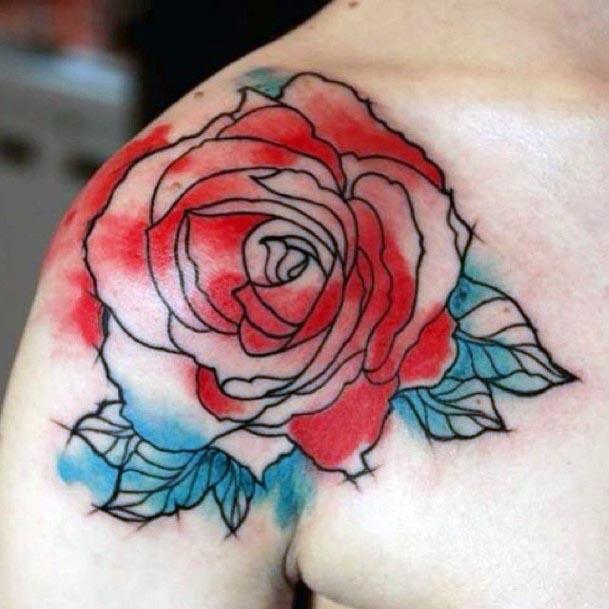 Womens Shoulder Red Rose Tattoo