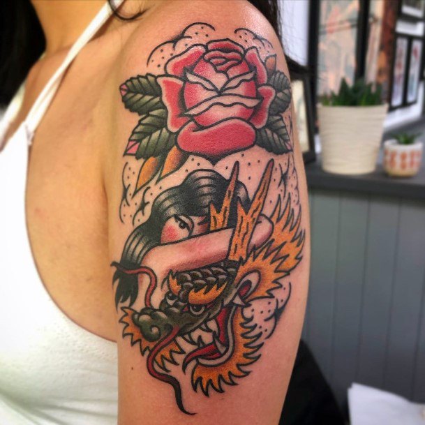 Womens Shoulder Rose And Snake Fight Traditional Tattoo