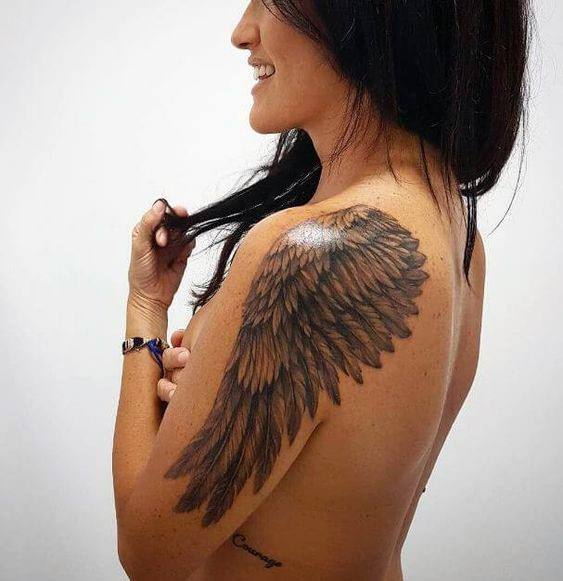 Womens Shoulders Black Angel Wing Tattoo