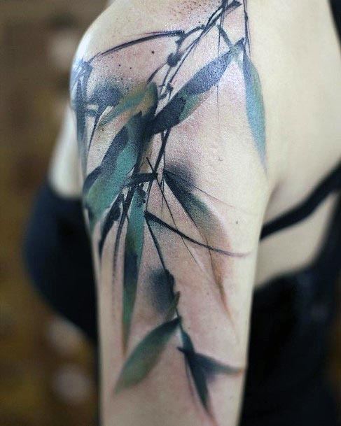 Womens Shoulders Black Long Leaves Tattoo Watercolor
