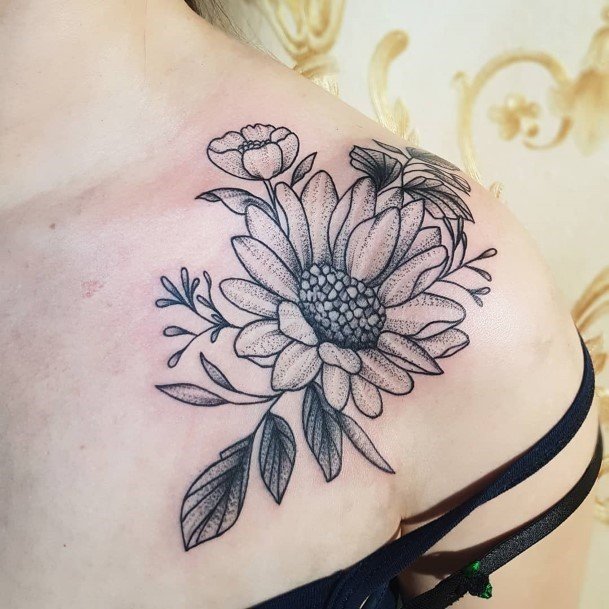 Womens Shoulders Black Sunflower Tattoo