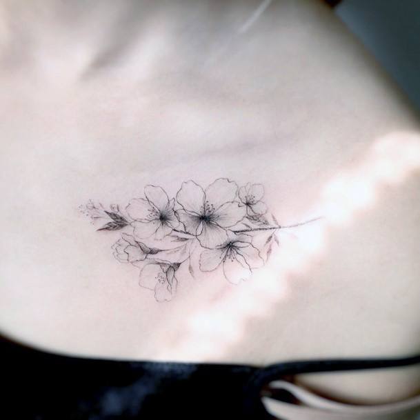 Womens Shoulders Delicate Grey Cherry Blossom Tattoo