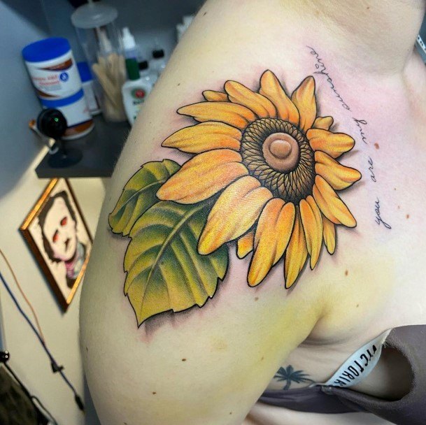 Womens Shoulders Electric Sunflower Tattoo