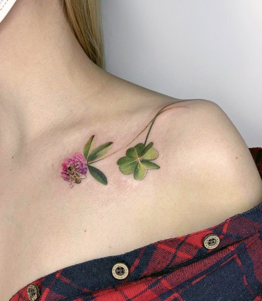 Womens Shoulders Green Clover And Pink Flower Tattoo