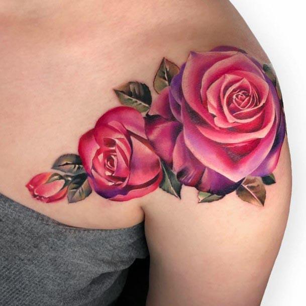 Womens Shoulders Red Roses Tattoo