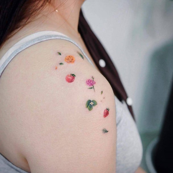 Womens Shoulders Small Colored Fruits And Florals Tattoo