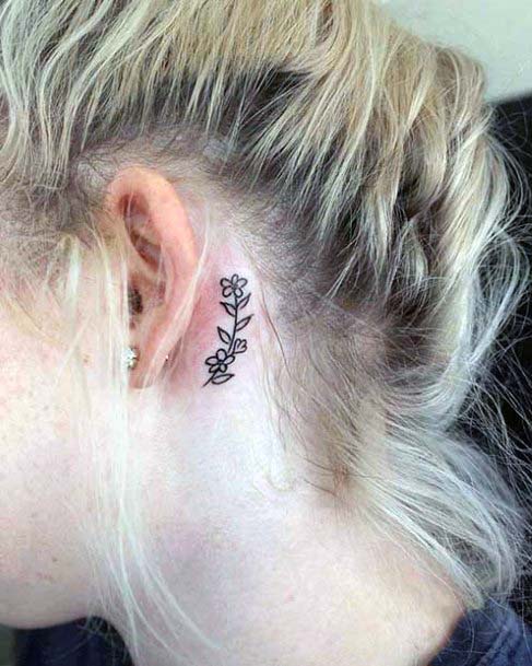 Womens Simple Black Flower Tattoo Behind The Ear