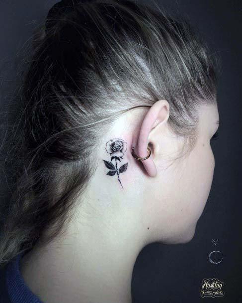 Womens Single Black Rose Art Tattoo Behind The Ear