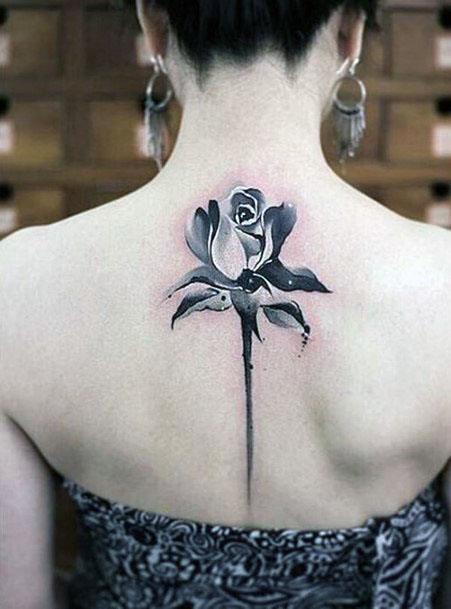 Womens Single Grey Rose Spine Tattoo