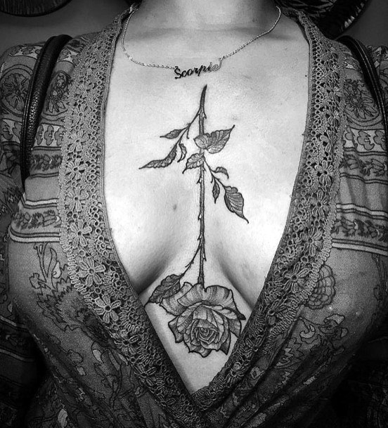 Womens Single Rose With Stalk And Leaves Tattoo On Chest