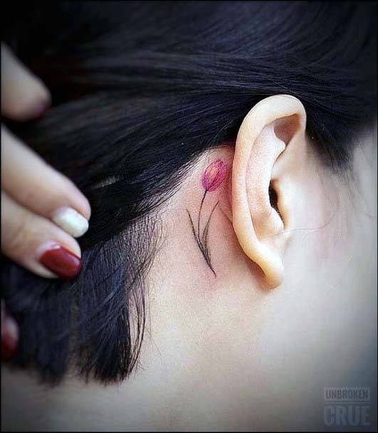 Womens Single Tulip Tattoo Behind The Ear