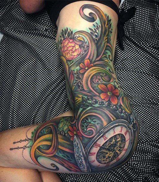 Womens Sleeve Clock Tattoo