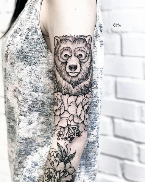 Womens Sleeves Bear And Flowers Tattoo