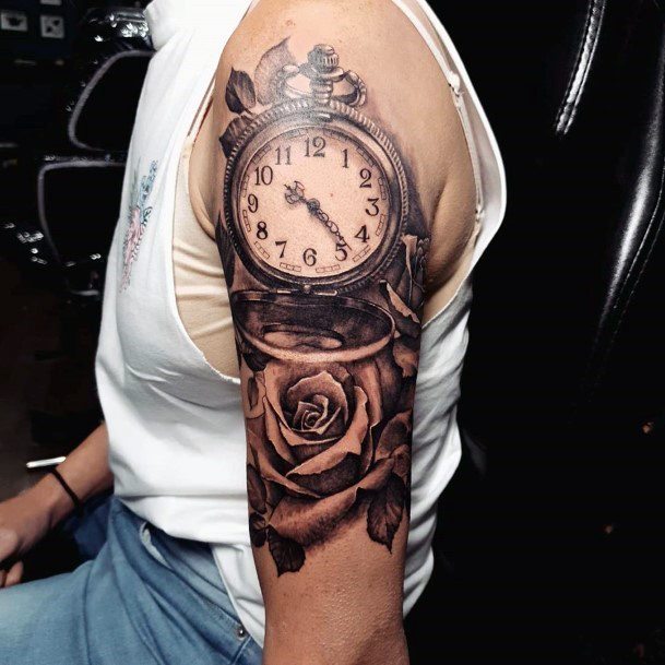 Womens Sleeves Clock And Rose Black Tattoo
