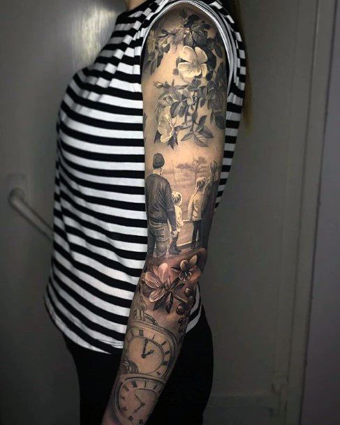 Womens Sleeves Roses And Clock Tattoo