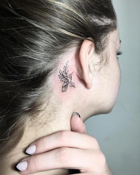 Womens Small Bird On A Plant Tattoo Upper Neck