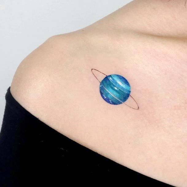 Womens Small Cute Blue Planet Tattoo With Ring Collar Bone