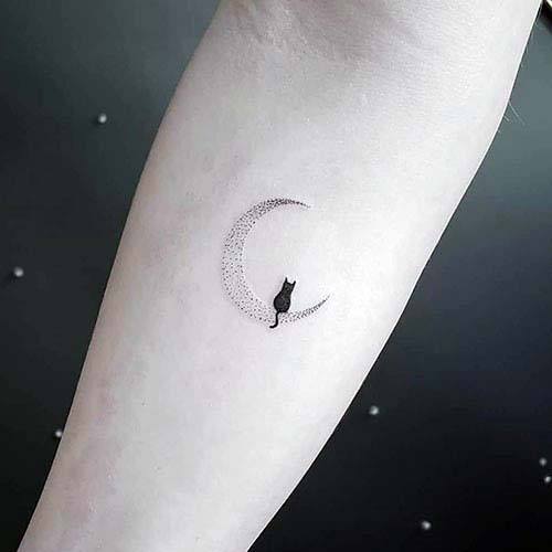 Womens Small Cute New Moon And Black Cat Tattoo