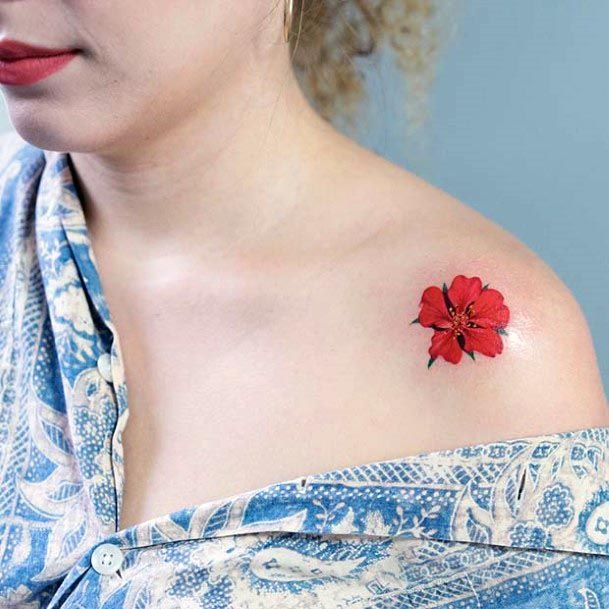 Womens Small Red Flower Tattoo Shoulders