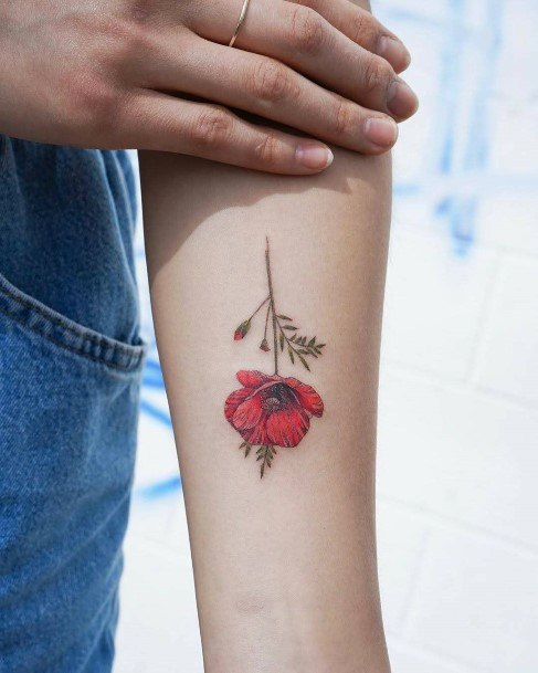 Womens Small Red Hibiscus Flower And Bud Tattoo On Arms