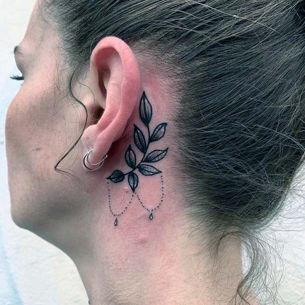 Womens Sparkling Leaf Black Tattoo Behind The Ear