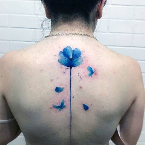 Womens Spine Blue Floral Tattoo