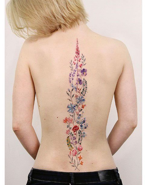 Womens Spine Charming Florals Tattoo