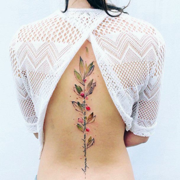 Womens Spine Cherry Plant Tattoo