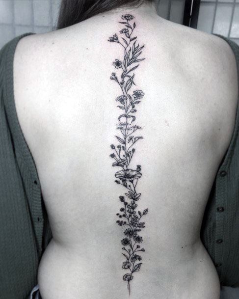 Womens Spine Flower Garland Tattoo