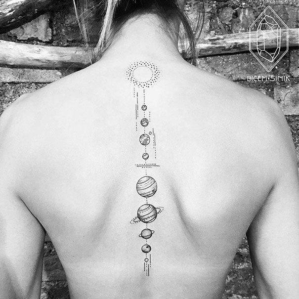 Womens Spine Planets Tattoo