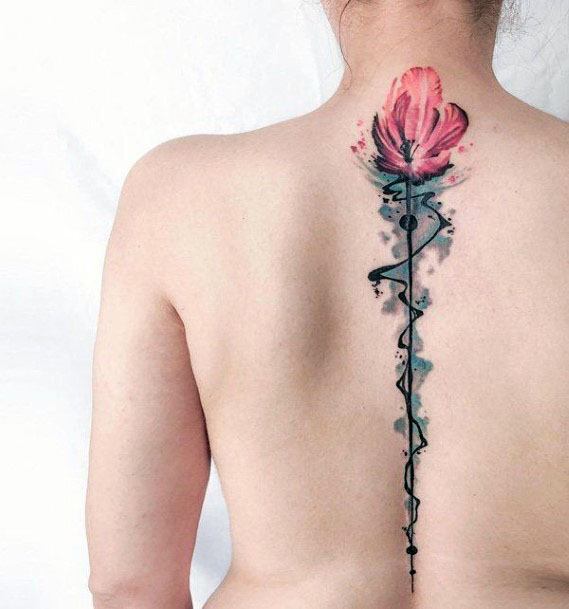 Womens Spine Watercolor Flower Tattoo