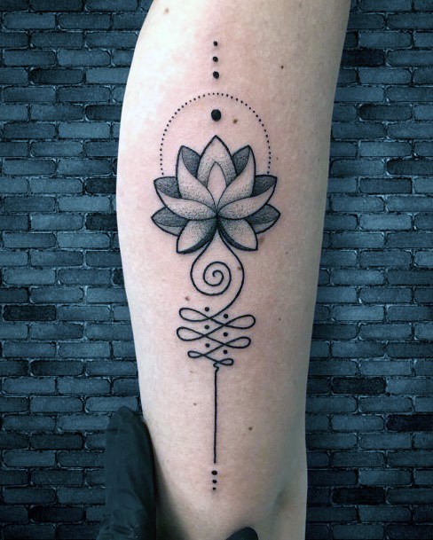 Womens Spiral Art And Lotus Tattoo On Calves